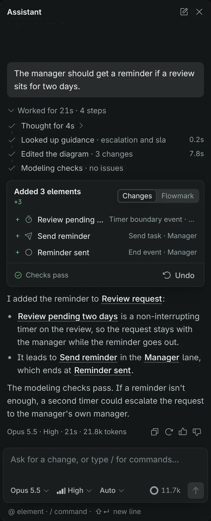 The assistant panel after a request to add a reminder: the request, the work log with its four steps, a change card adding three elements with Checks pass and Undo, the answer with linked names, and the turn's footer, above the message box with the model, effort and apply mode menus and the context ring.