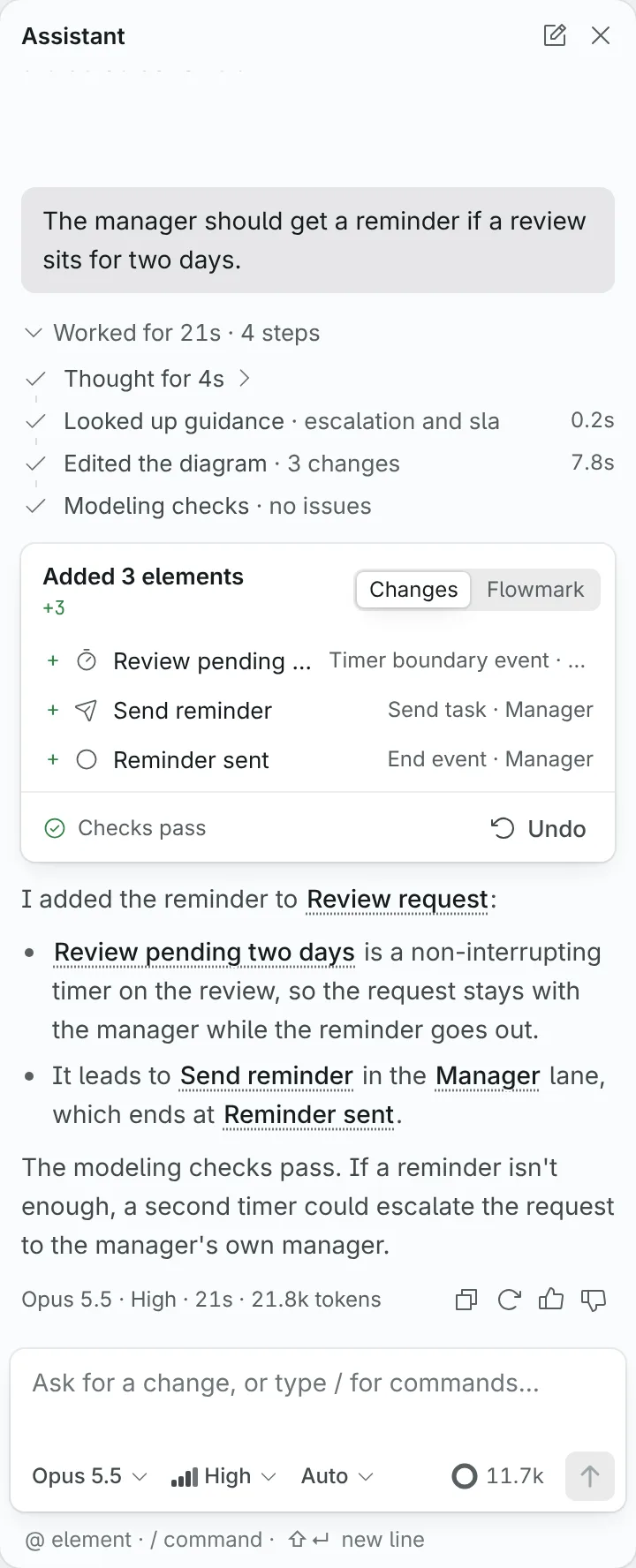 The assistant panel after a request to add a reminder: the request, the work log with its four steps, a change card adding three elements with Checks pass and Undo, the answer with linked names, and the turn's footer, above the message box with the model, effort and apply mode menus and the context ring.