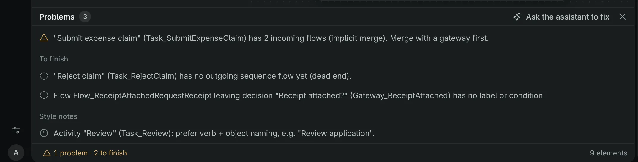 The Problems panel under the diagram listing a warning, two things under To finish and a style note under Style notes, with its count badge and Fix with assistant in its header, and 1 problem · 2 to finish in the status bar below.