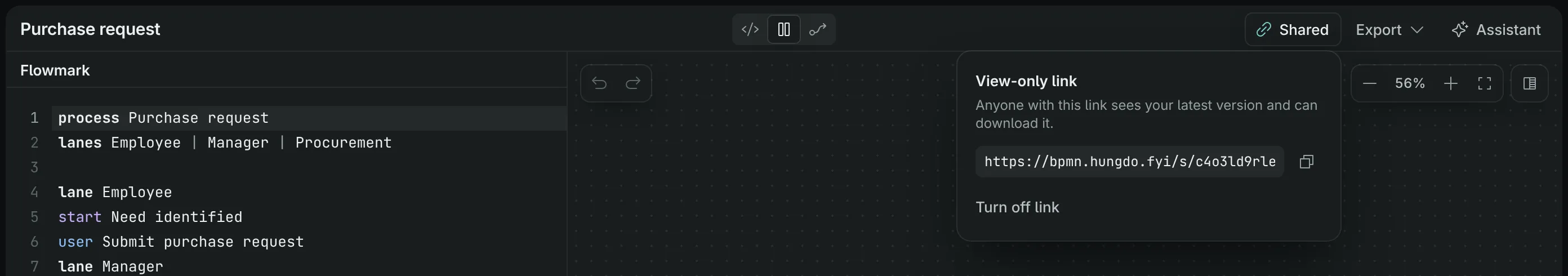 The Share popover for a diagram with a view-only link, showing the link, a copy button and Turn off link.