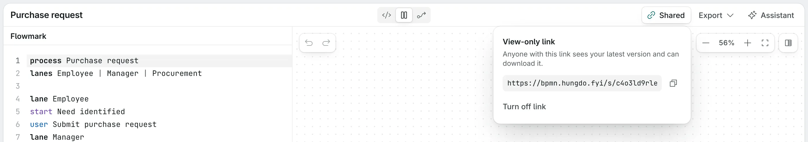 The Share popover for a diagram with a view-only link, showing the link, a copy button and Turn off link.